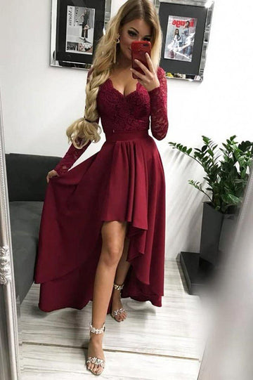 1292,burgundy long sleeves v-neck applique lace chiffon long evening HZ1023